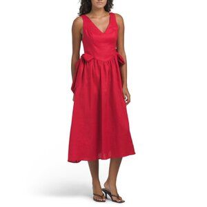 SOFIE THE LABEL Red Linen Blend Drop Waist V-neck Dress